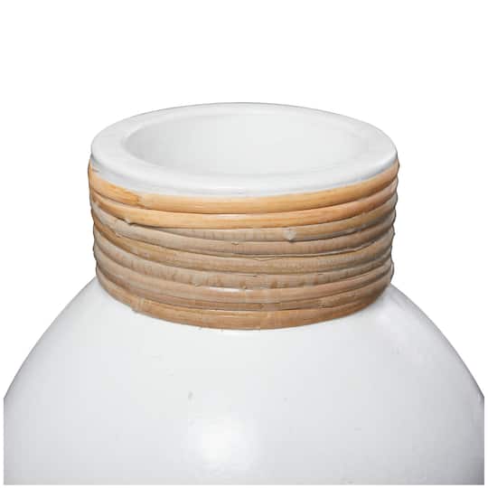 11" White Ceramic Vase with Wrapped Rattan Detailing